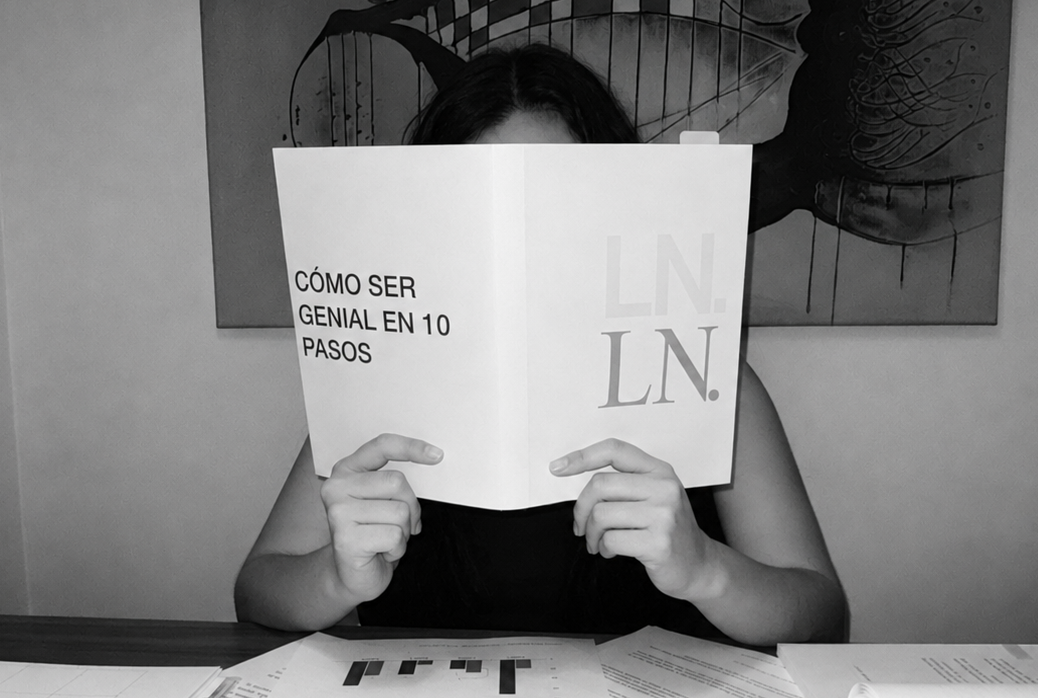 Persona sosteniendo una imagen que dice "cómo ser genial en 10 pasos", haciendo referencia a la capacidad de Lowen & Noll co. de acompañar proyectos.